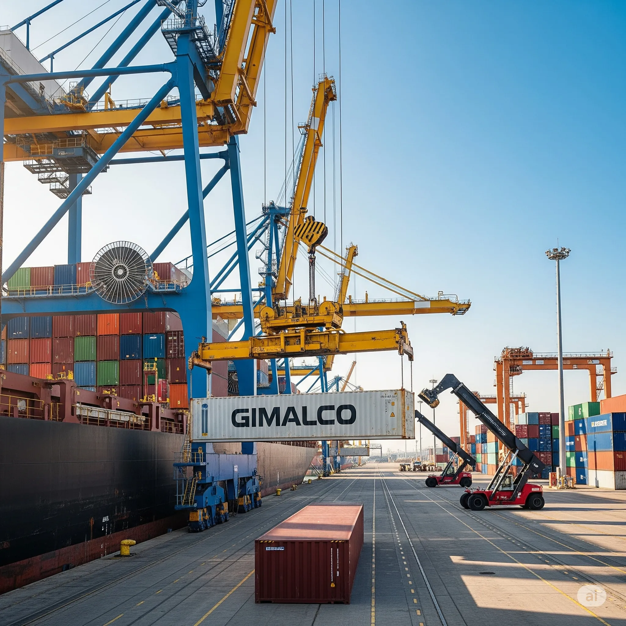 Cranes loading a Gimalco-marked shipping container at a port terminal